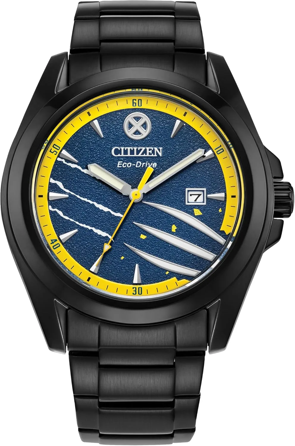 Citizen Men's Eco-Drive Marvel Wolverine Black Ion Plated Watch with Black Leather Strap and Pin Gift Set,Blue Dial, Luminous Hands, 42mm (Model: AW1435-66W)