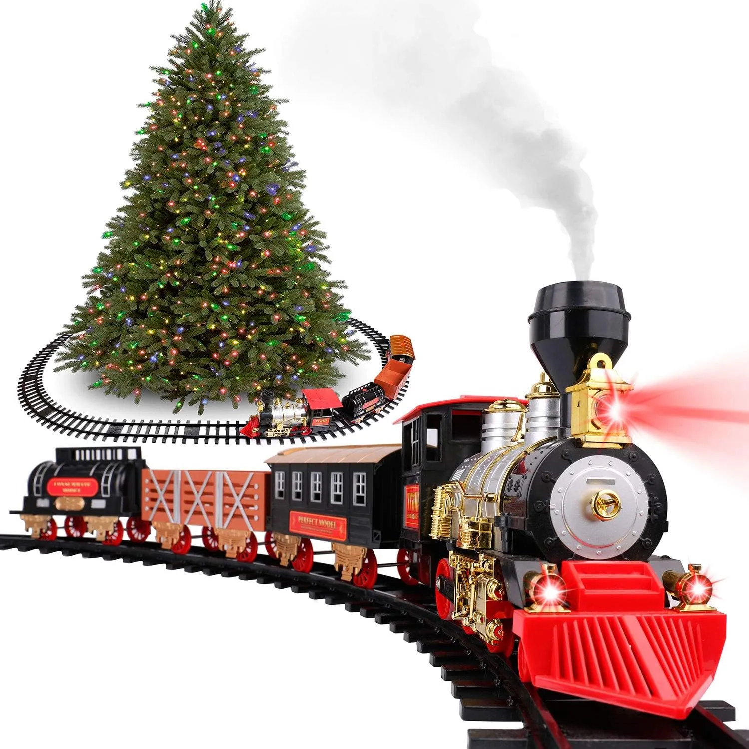 Classic Christmas Train Set for Under The Tree with Smoke, Lights and Sounds Battery Operated Electric Train Around Christmas Tree with Large Tracks for Boys Girls Christmas Decoration