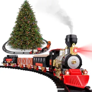 Classic Christmas Train Set for Under The Tree with Smoke, Lights and Sounds Battery Operated Electric Train Around Christmas Tree with Large Tracks for Boys Girls Christmas Decoration