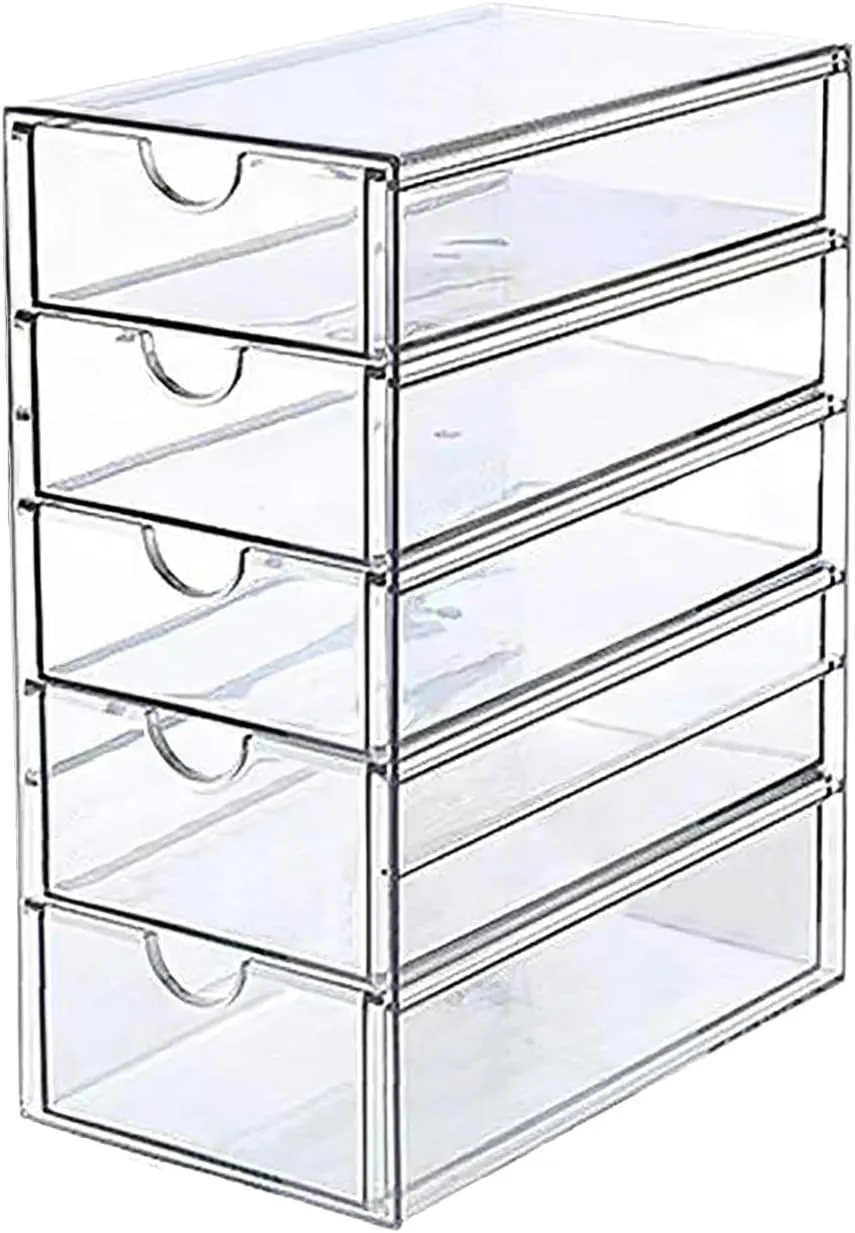 Clear Model Cars Storage Case with Drawer Compartments, Toy Cars Display Case Stand for Mini Cars, Dustproof Desktop Drawer Showcase for Toy Car, Pen, Cosmetic, Jewelry (Five
