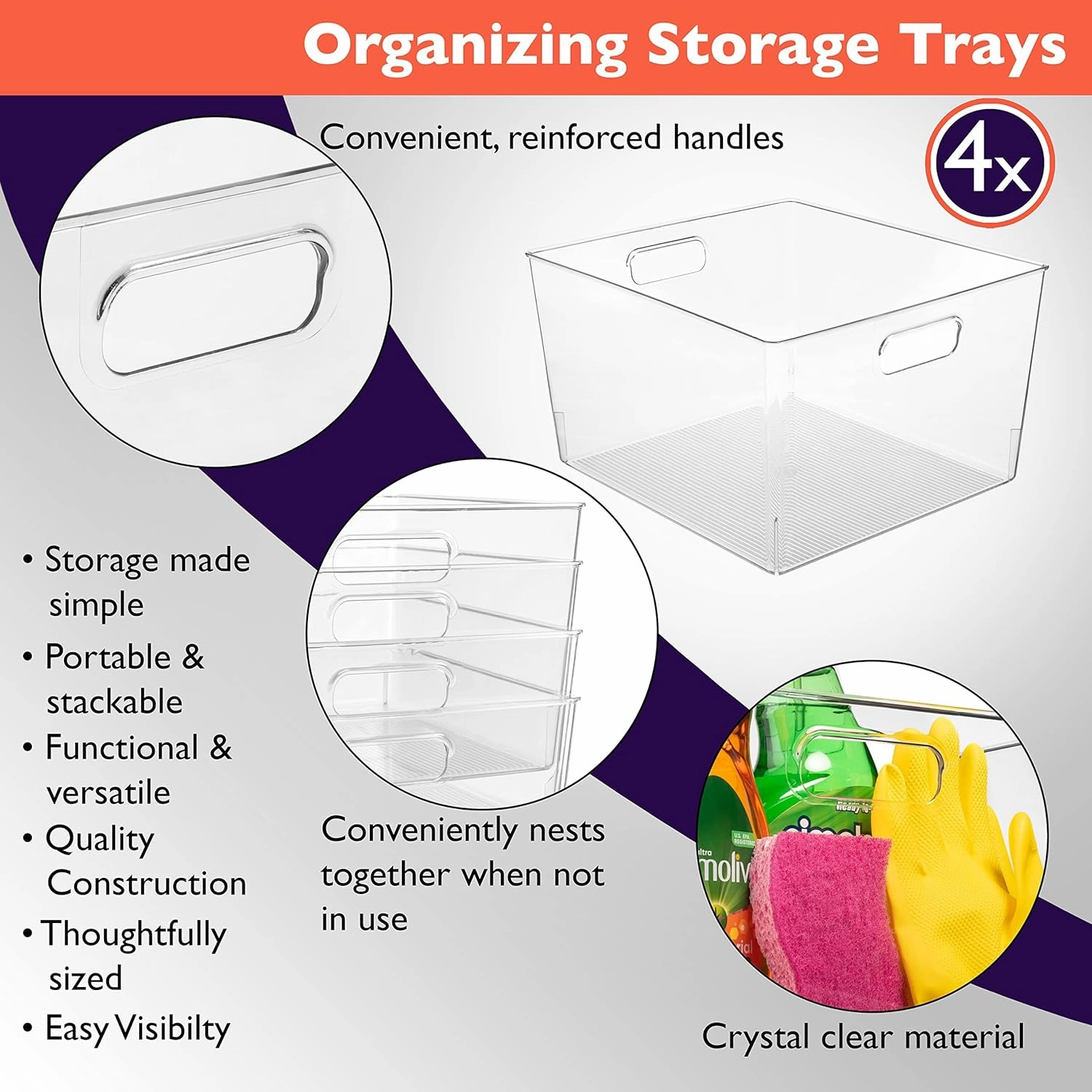 ClearSpace Clear Plastic Storage Bins – XL 4 Pack Perfect for Kitchen,Fridge, Pantry Organization, Cabinet Organizers