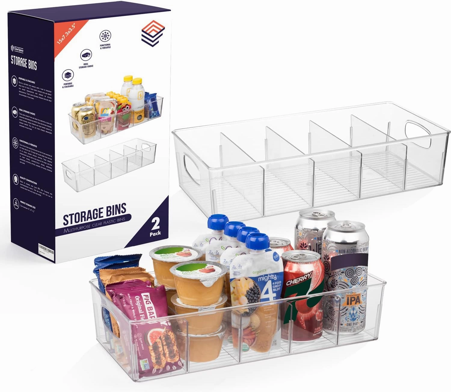 ClearSpace Plastic Pantry Organization and Storage Bins with Removable Dividers – 2 Pack XL Perfect Kitchen Organization or Kitchen Storage – Refrigerator Organizer Bins, Cabinet Organizers