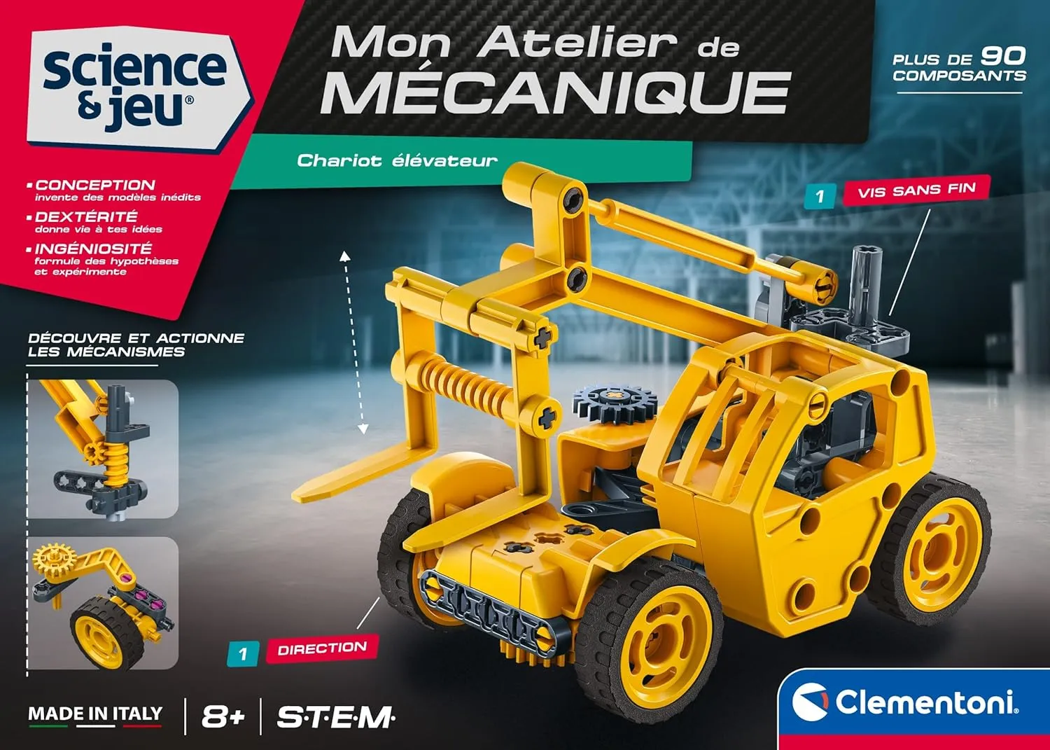 Clementoni | Forklift Kit to Build 8 Years   | My Mechanical Workshop | Construction Game | STEM | 90 Pieces | Interactive 3D Manual | Made in Italy | Children's Toy Gift