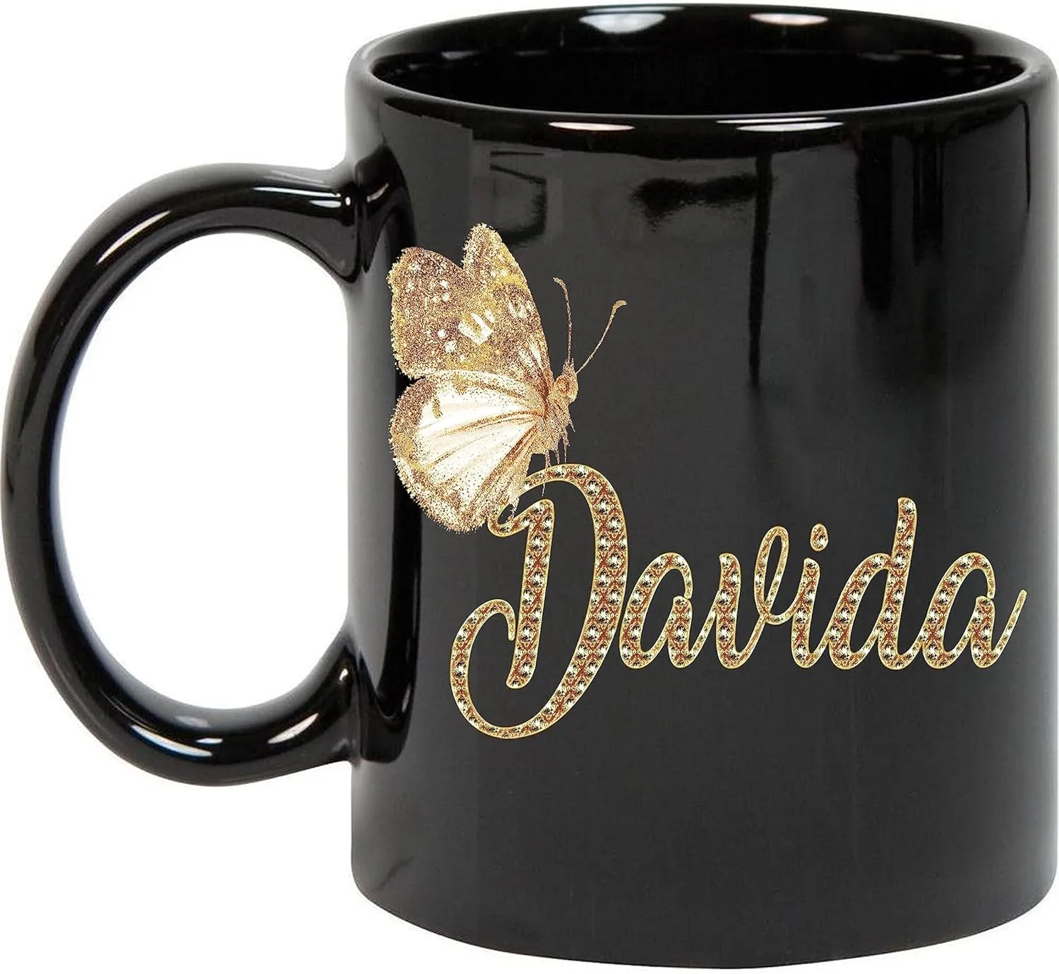 Coffee Mug Personalized Davida Name Customized Mug with Name Gold Butterfly Text Mug Gift for Women, Her, Girl 11oz Black Mug 081925