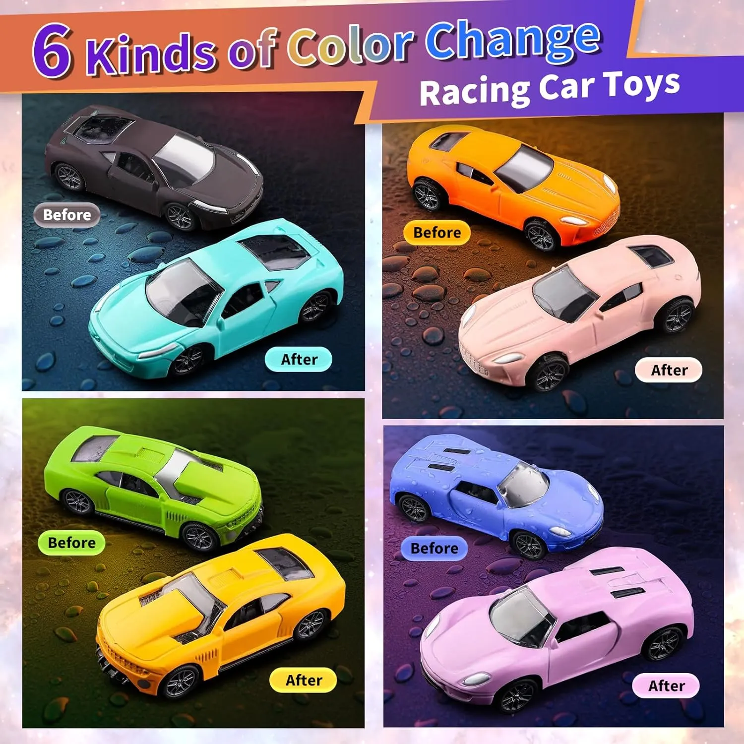 Color Change Pull Back Car Toy-6pcs Mini Alloy Vehicle Toys,Magical Transformation in Warm Water,Bathtub Water Table Toy for Easter Fillers,Goodie Bags Fillers,Themed Party,Carnival Prize for Kids 3 