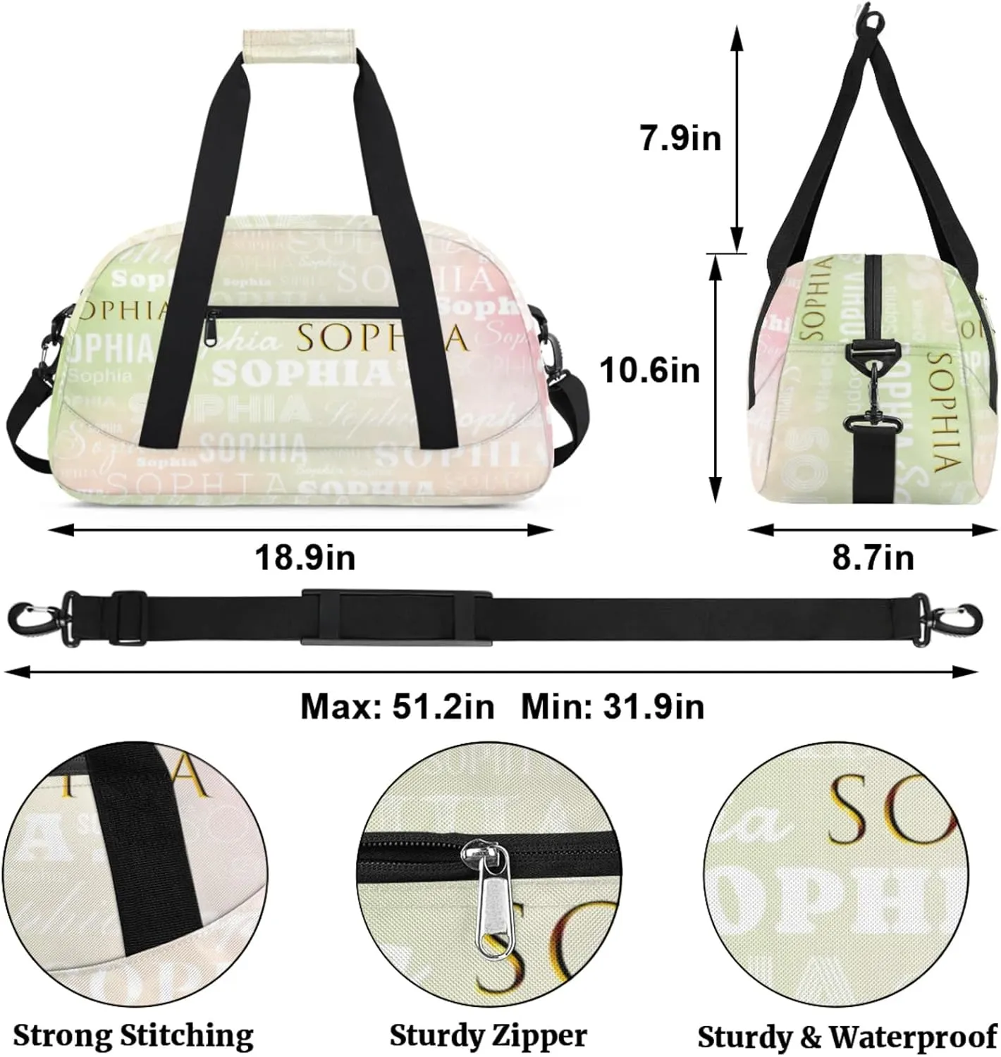 Color Green Custom Dance Bag Personalized Travel Bag Adjustable Carry On and Handy Pouch Dance Accessories for Girls Gymnastics Strip Creative Name Ballet Bag Overnight Duffle Bag