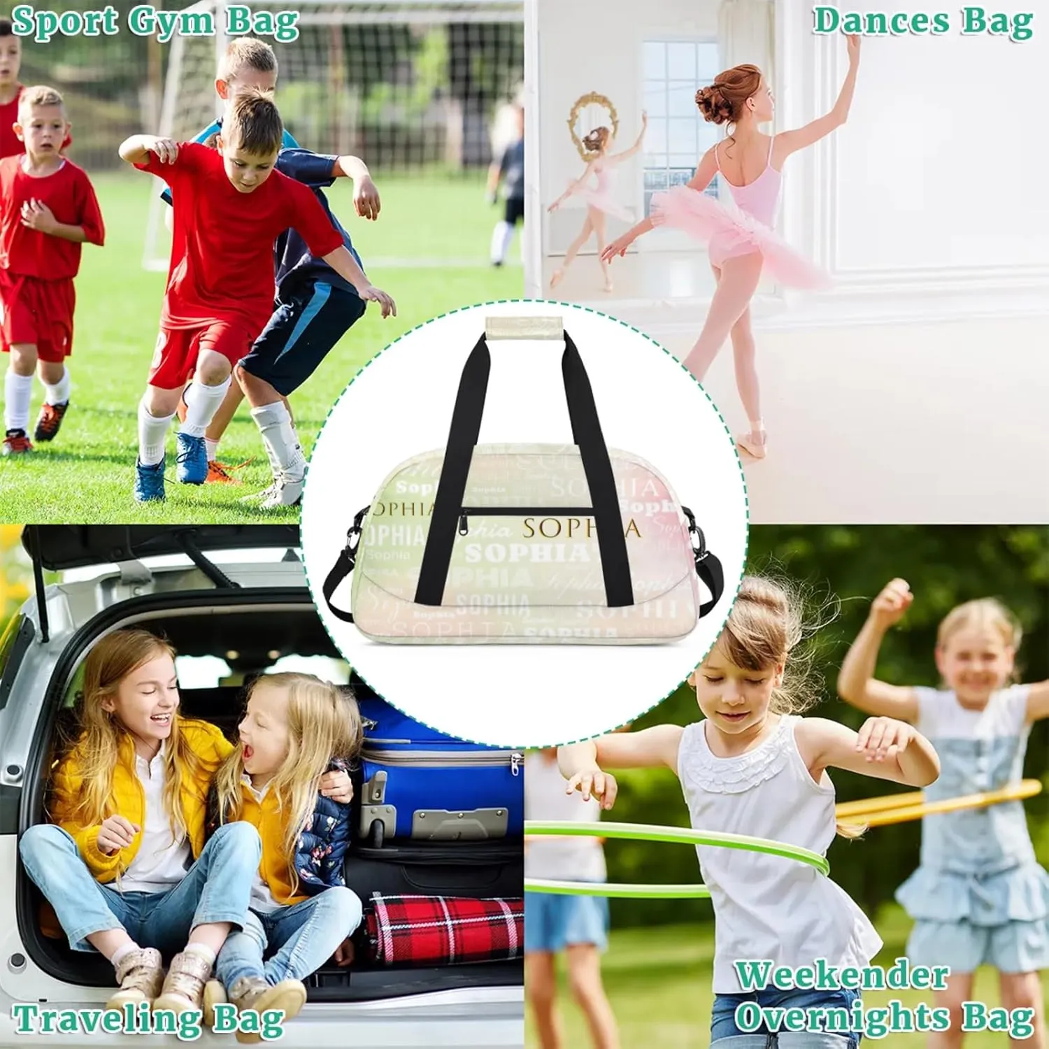 Color Green Custom Dance Bag Personalized Travel Bag Adjustable Carry On and Handy Pouch Dance Accessories for Girls Gymnastics Strip Creative Name Ballet Bag Overnight Duffle Bag