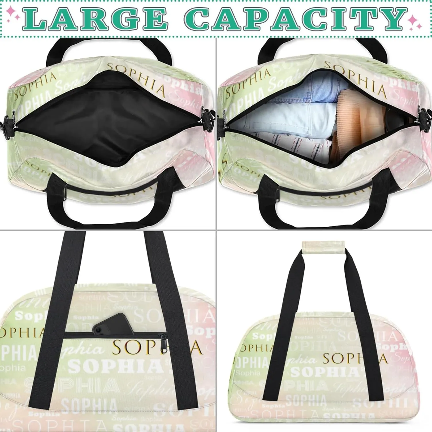 Color Green Custom Dance Bag Personalized Travel Bag Adjustable Carry On and Handy Pouch Dance Accessories for Girls Gymnastics Strip Creative Name Ballet Bag Overnight Duffle Bag