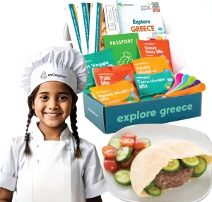 Cooking Kits for Kids - Interactive & Educational Set with 3 Recipe Cards, Key Ingredients & Cooking Tools - Ideal Idea for Kids who Love to Create Meals (Greece Edition)