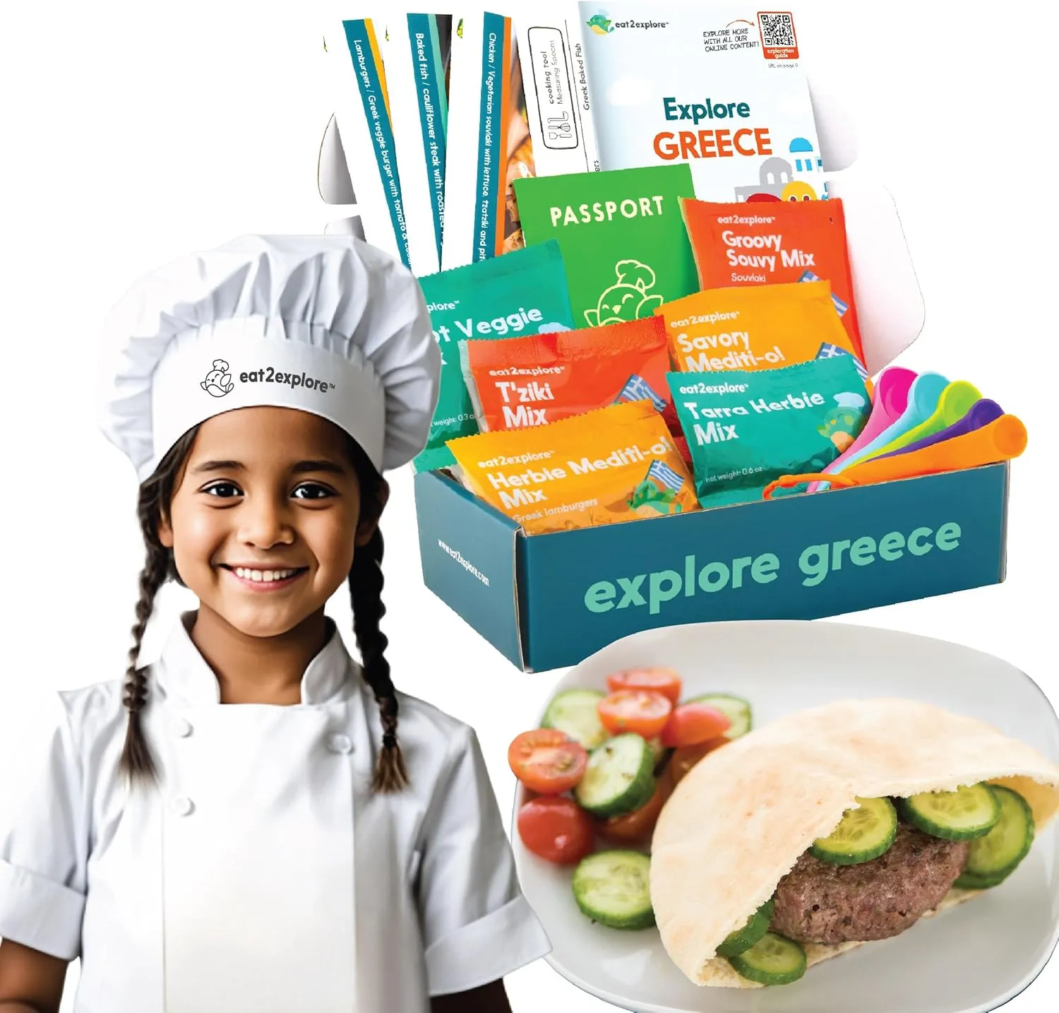 Cooking Kits for Kids - Interactive & Educational Set with 3 Recipe Cards, Key Ingredients & Cooking Tools - Ideal Idea for Kids who Love to Create Meals (Greece Edition)