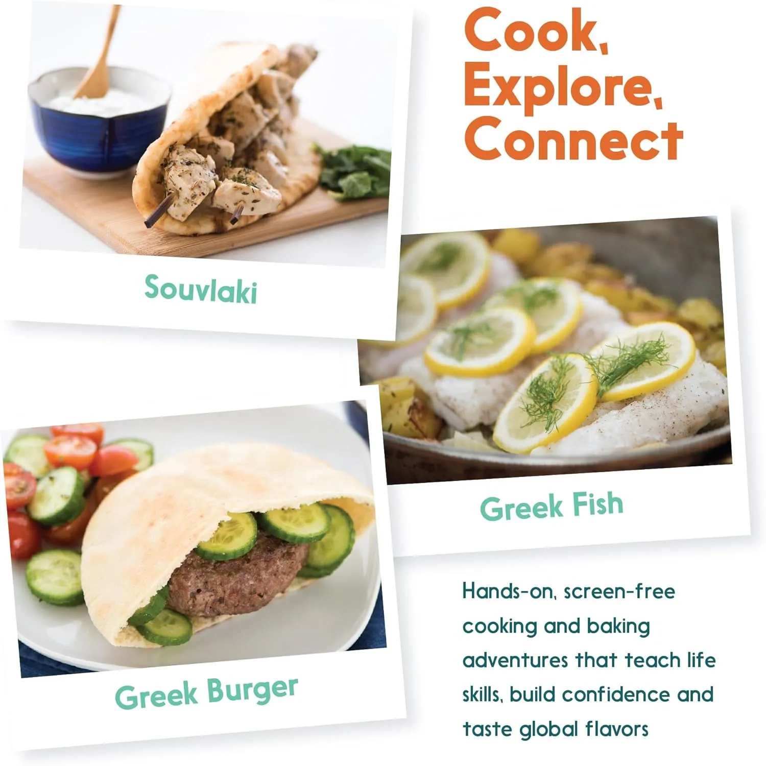 Cooking Kits for Kids - Interactive & Educational Set with 3 Recipe Cards, Key Ingredients & Cooking Tools - Ideal Idea for Kids who Love to Create Meals (Greece Edition)