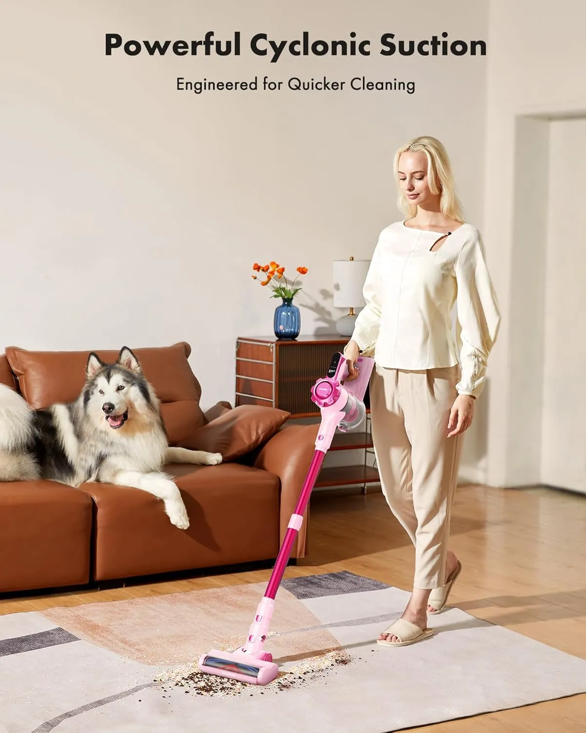 Cordless Vacuum Cleaner, 8-in-1 Lightweight Stick Vacuum with 45mins Runtime, Powerful Suction, Rechargeable Cordless Vacuum for Carpet, Tile, Pet Hair, Hardwood Floors, Pink