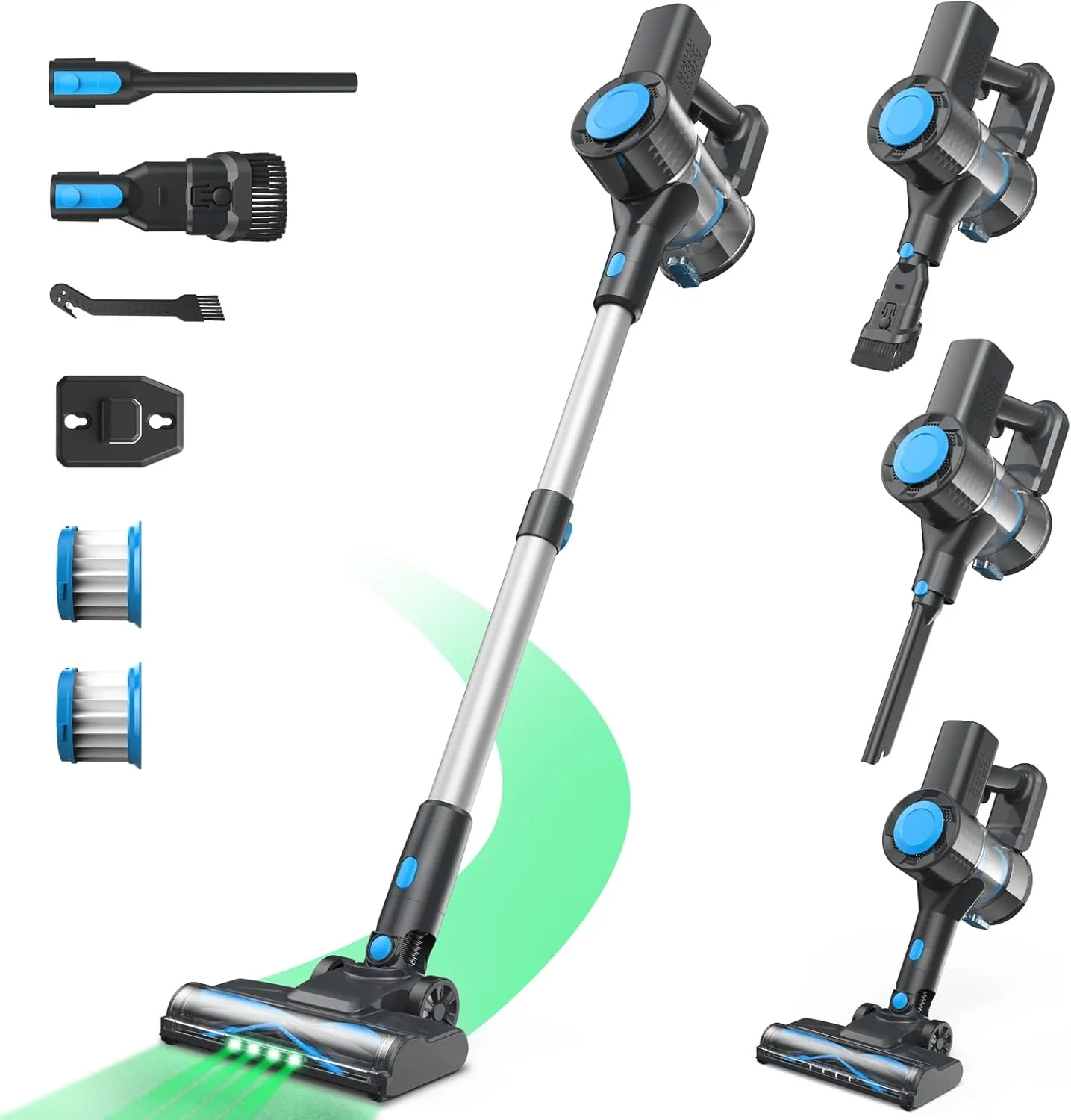 Cordless Vacuum Cleaner, Powerful Lightweight Stick Vacuum with 2200 mAh Battery, Six-in-One Rechargeable Vacuum Cleaners for Home, for Hard Floor Carpet Pet Hair, Up to 40 Mins Runtime (Blue)
