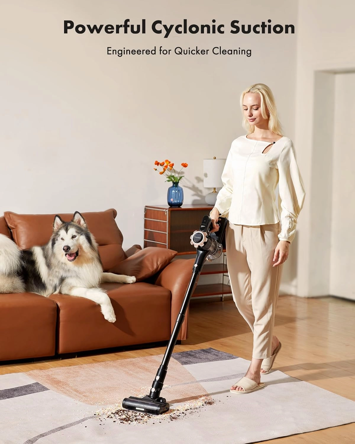 Cordless Vacuum Cleaner, 8-in-1 Lightweight Stick Vacuum with 45mins Runtime, Powerful Suction, Rechargeable Cordless Vacuum for Carpet, Tile, Pet Hair, Hardwood Floors, Black