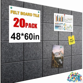 Cork Boards for Walls 48" x60”,20 Pack Grey Bulletin Board, Reusable Felt Wall Tiles with 105 Pins and Non-Marking Adhesives,Cork Board for Office Pin Board