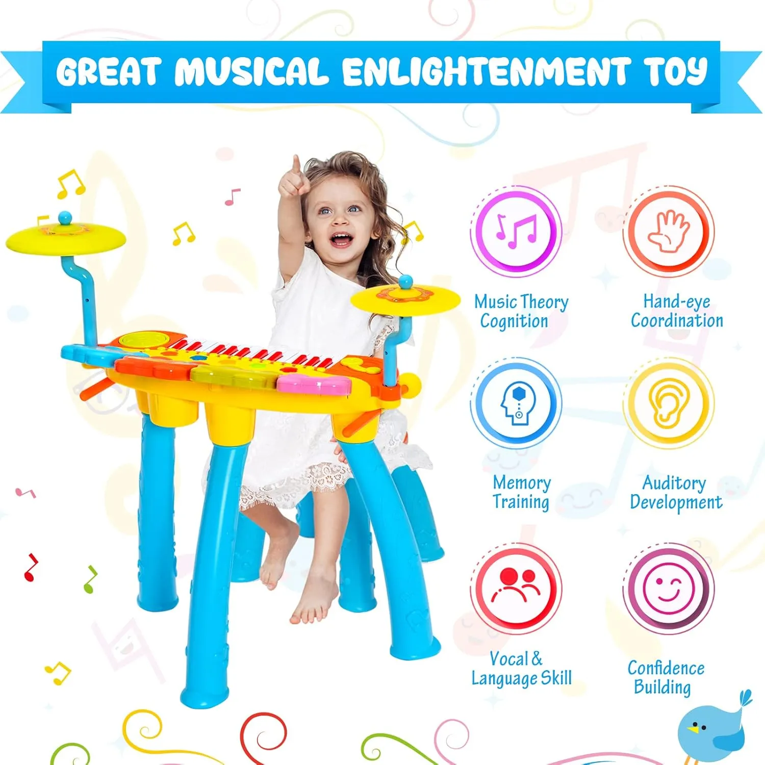 Costzon 24-Key Kids Piano Keyboard Toy, Toddler Electronic Musical Instrument Educational Toy w/Microphone, Multiple Sounds, Record Playback, Lights & Stool, Birthday Gift for Girls Boys Age 3 , Blue