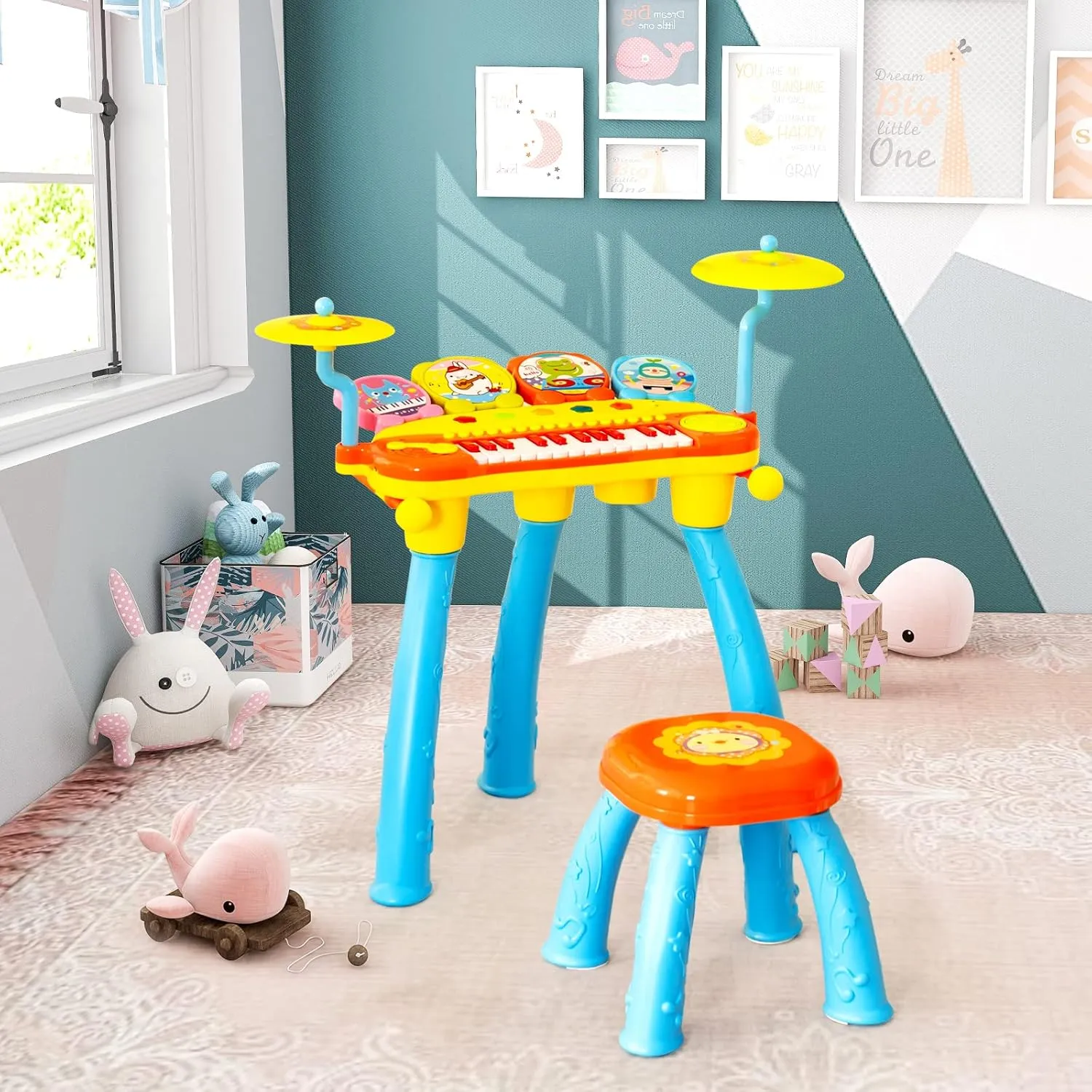 Costzon 24-Key Kids Piano Keyboard Toy, Toddler Electronic Musical Instrument Educational Toy w/Microphone, Multiple Sounds, Record Playback, Lights & Stool, Birthday Gift for Girls Boys Age 3 , Blue