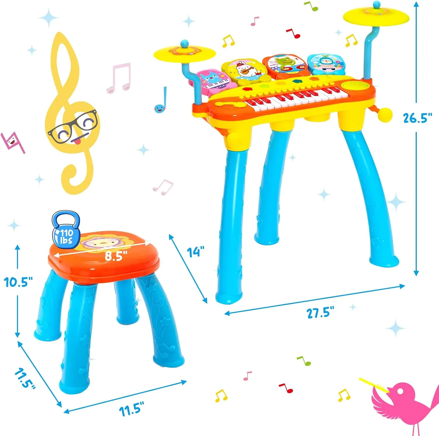 Costzon 24-Key Kids Piano Keyboard Toy, Toddler Electronic Musical Instrument Educational Toy w/Microphone, Multiple Sounds, Record Playback, Lights & Stool, Birthday Gift for Girls Boys Age 3 , Blue