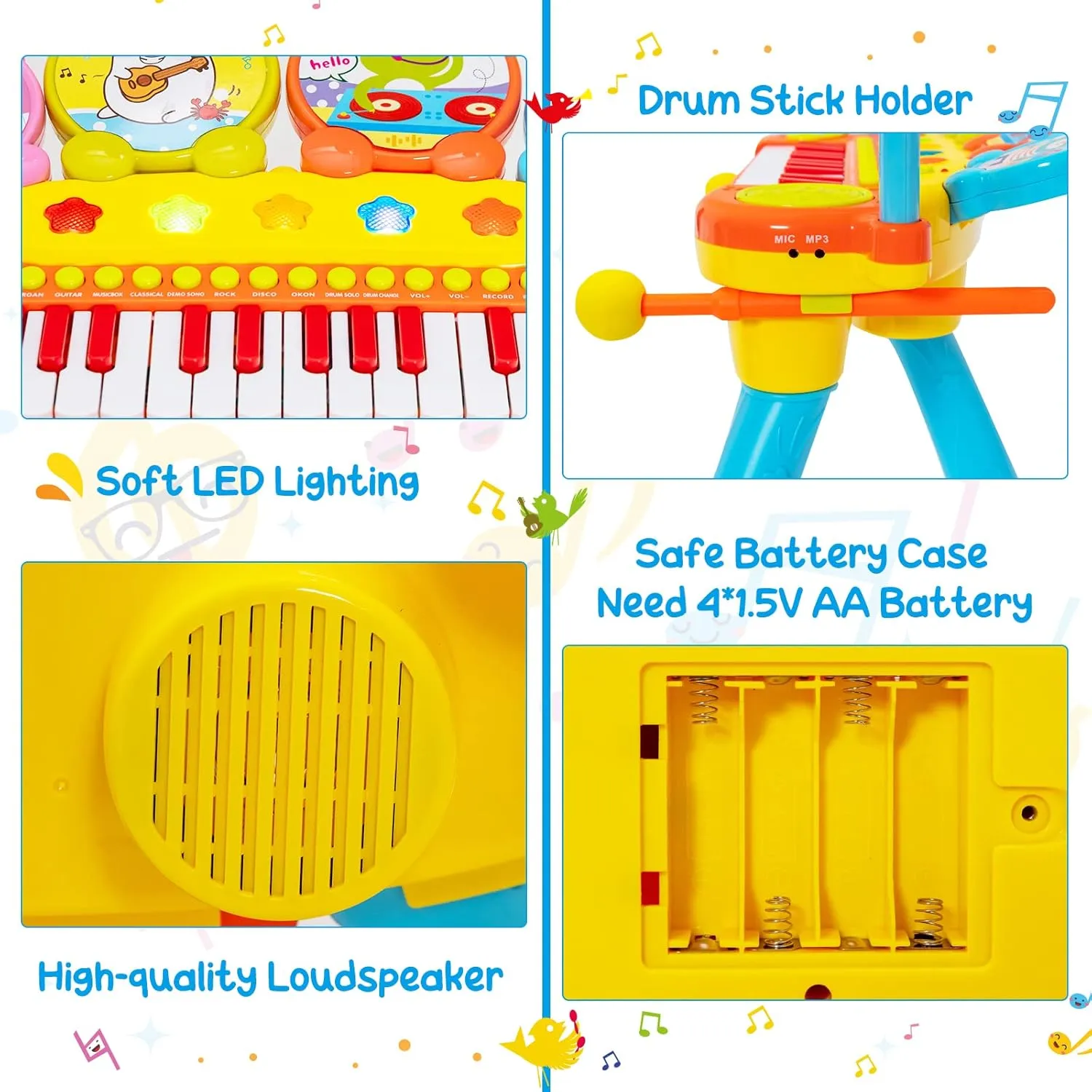 Costzon 24-Key Kids Piano Keyboard Toy, Toddler Electronic Musical Instrument Educational Toy w/Microphone, Multiple Sounds, Record Playback, Lights & Stool, Birthday Gift for Girls Boys Age 3 , Blue