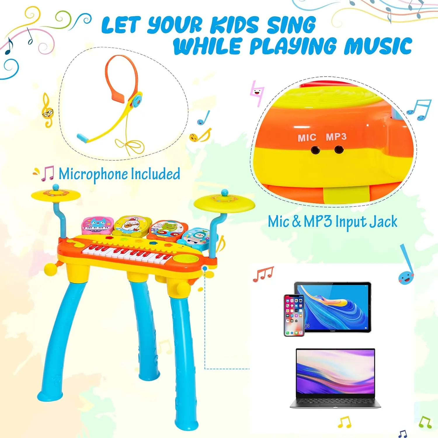 Costzon 24-Key Kids Piano Keyboard Toy, Toddler Electronic Musical Instrument Educational Toy w/Microphone, Multiple Sounds, Record Playback, Lights & Stool, Birthday Gift for Girls Boys Age 3 , Blue