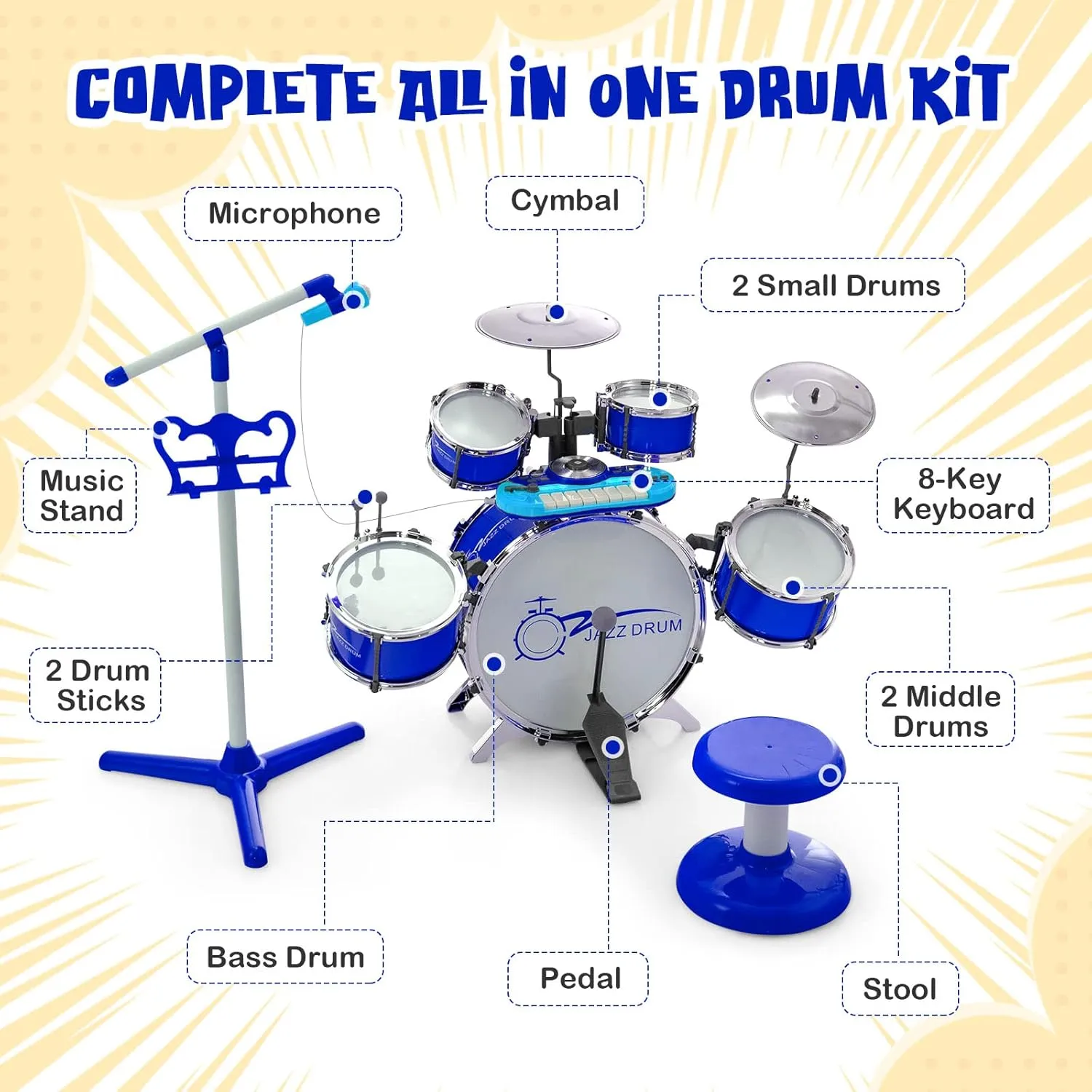 Costzon Kids Drum Keyboard Set with Stool & Microphone Stand, Jazz Drum Set with Cymbal, Multifunctional Digital Keyboard, DJ Kit, Music Stand, Percussion Instrument Toy for 3  Boys & Girls (Blue)