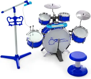 Costzon Kids Drum Keyboard Set with Stool & Microphone Stand, Jazz Drum Set with Cymbal, Multifunctional Digital Keyboard, DJ Kit, Music Stand, Percussion Instrument Toy for 3  Boys & Girls (Blue)