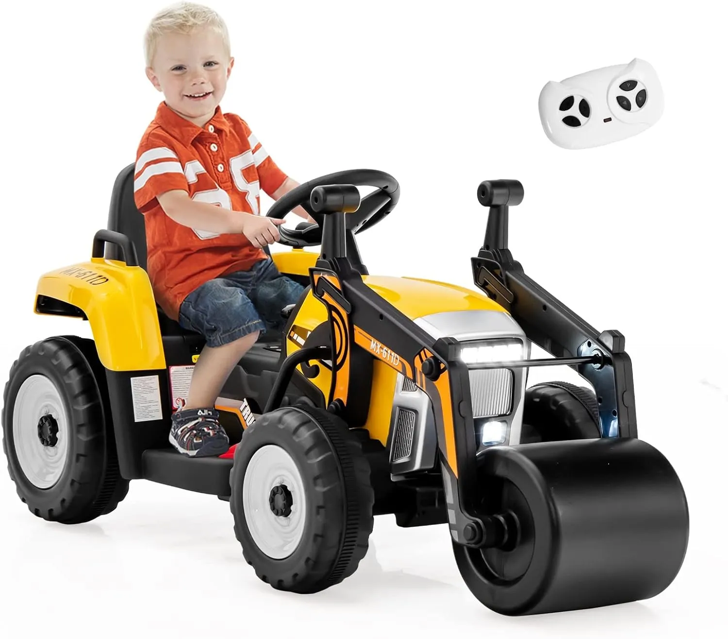 Costzon Ride on Car, 12V Road Roller with Remote Control, Battery Powered Electric Tractor w/Adjustable Drum Roller, LED Lights, Music, USB, Wireless Connection, Electric Car for Kids (Yellow)