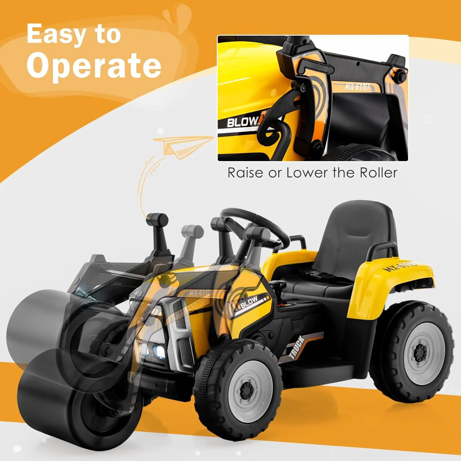 Costzon Ride on Car, 12V Road Roller with Remote Control, Battery Powered Electric Tractor w/Adjustable Drum Roller, LED Lights, Music, USB, Wireless Connection, Electric Car for Kids (Yellow)