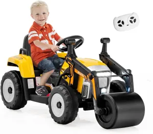 Costzon Ride on Car, 12V Road Roller with Remote Control, Battery Powered Electric Tractor w/Adjustable Drum Roller, LED Lights, Music, USB, Wireless Connection, Electric Car for Kids (Yellow)
