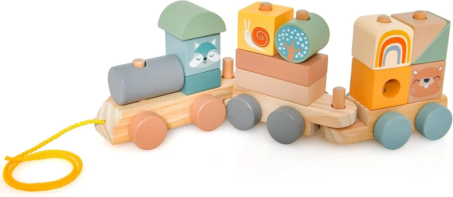 Costzon Wooden Train Set, 3-Section Towable Toys With Stackable Building Block, Cute Animal Patterns & Hook Connection Design for Baby Toddler Early Learning Education