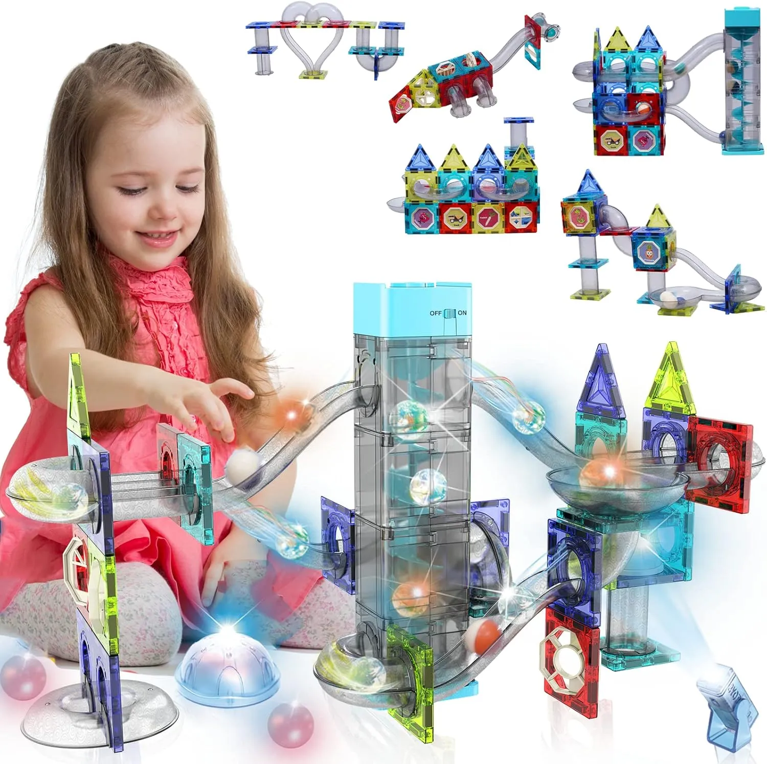 Couomoxa Elevator Magnetic Marble Run Race Track Magnetic Tiles Magnet Building Block Educational Construction Toy Play Set STEM Kit Toys for Kids Ages 3 4 5 6 7 8 10 Year Old Boys Girls Gift