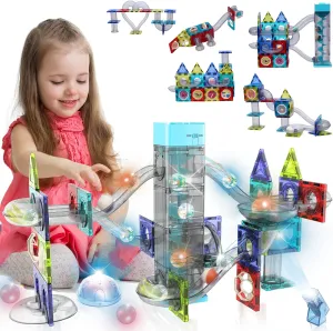 Couomoxa Elevator Magnetic Marble Run Race Track Magnetic Tiles Magnet Building Block Educational Construction Toy Play Set STEM Kit Toys for Kids Ages 3 4 5 6 7 8 10 Year Old Boys Girls Gift