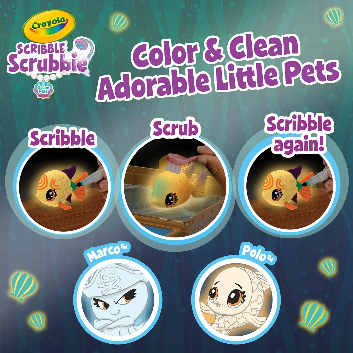 Crayola Scribble Scrubbie Pets Glow Ocean Playset, Toys for Boys & Girls, Gifts for Kids, Ages 3, 4, 5, 6