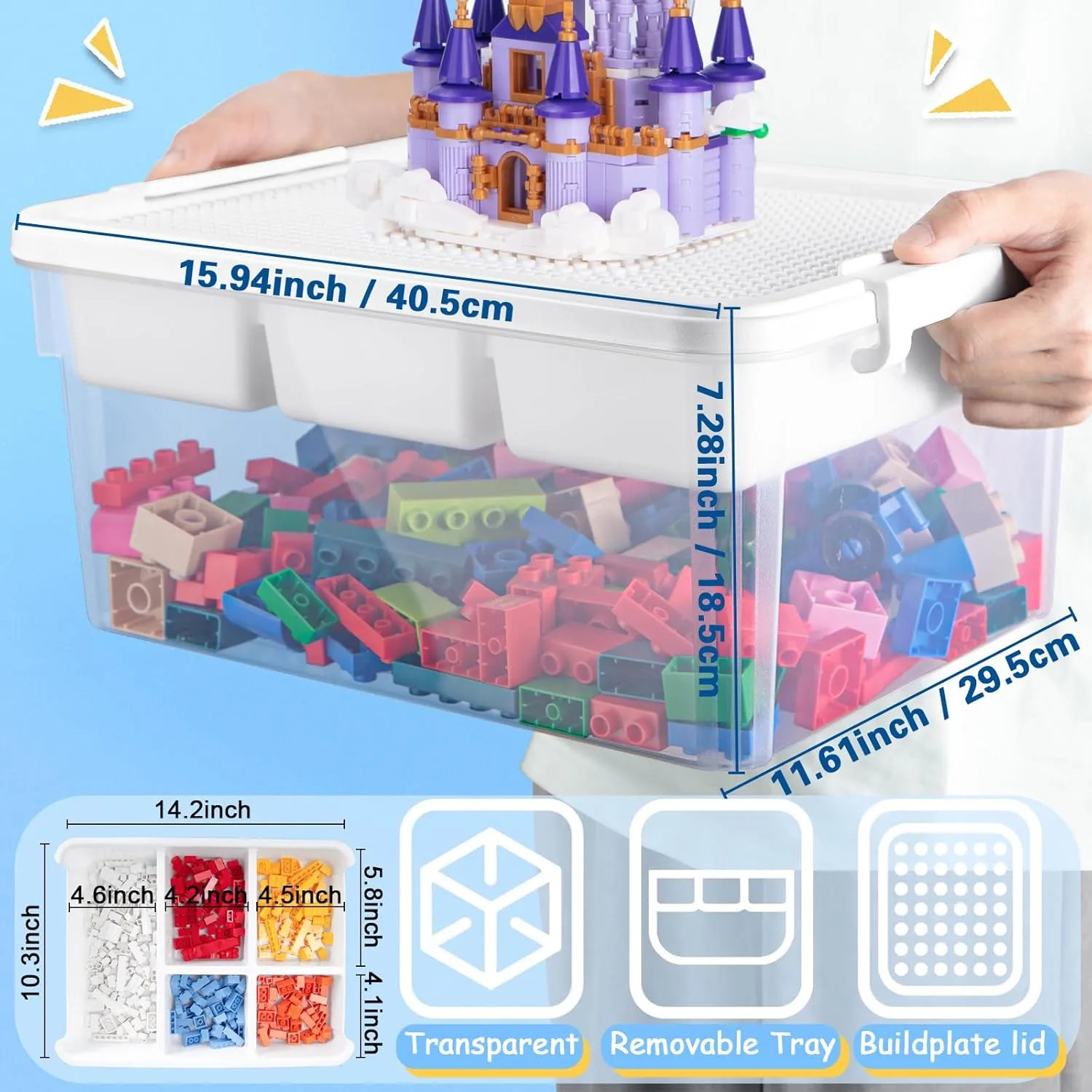 Creahaus 17 QT Toy Storage Box with Baseplate Lid, Clear Plastic Containers, Stackable Craft Organizers and Bins for Building Blocks, Art Supplies, Beads
