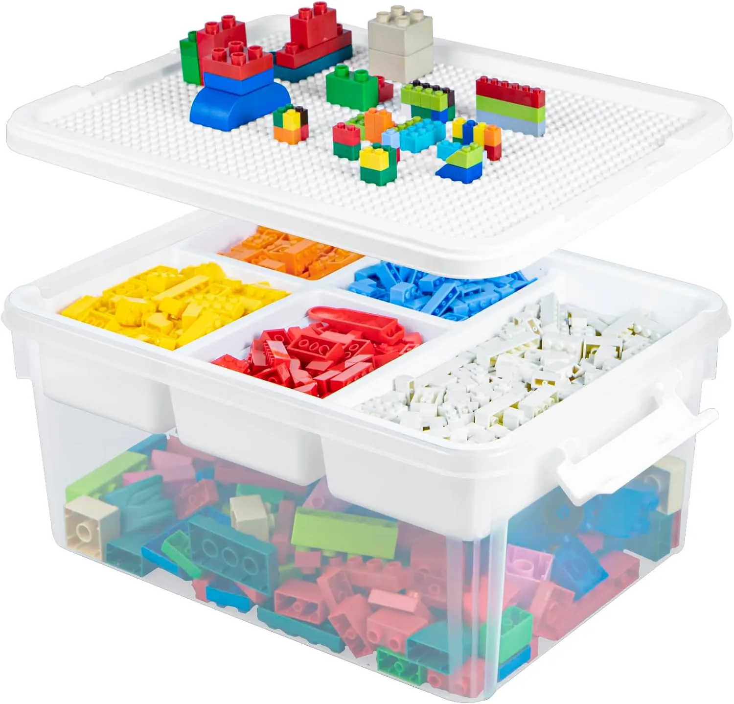 Creahaus 17 QT Toy Storage Box with Baseplate Lid, Clear Plastic Containers, Stackable Craft Organizers and Bins for Building Blocks, Art Supplies, Beads