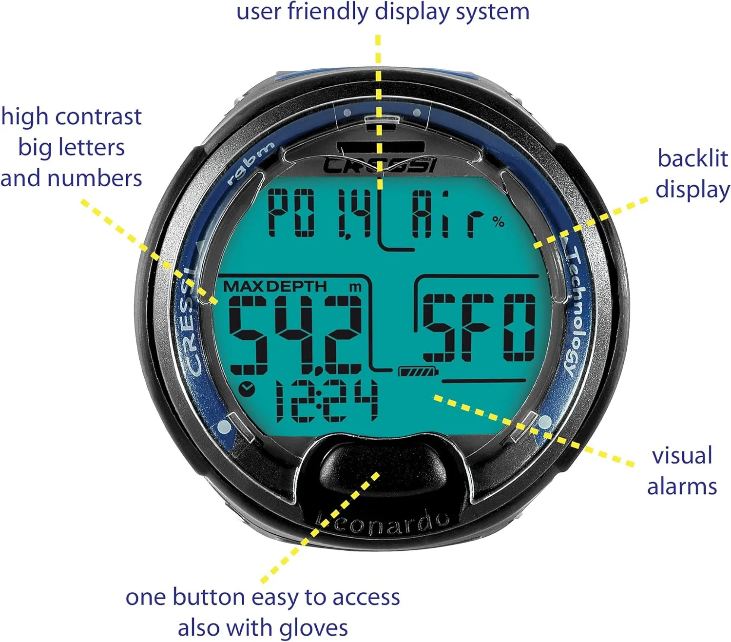 Cressi Leonardo 2.0 Underwater Single-Button Scuba Dive Computer, 3 Modes: Air, Nitrox, Gage, User-Friendly Menu - Designed and Made in Italy