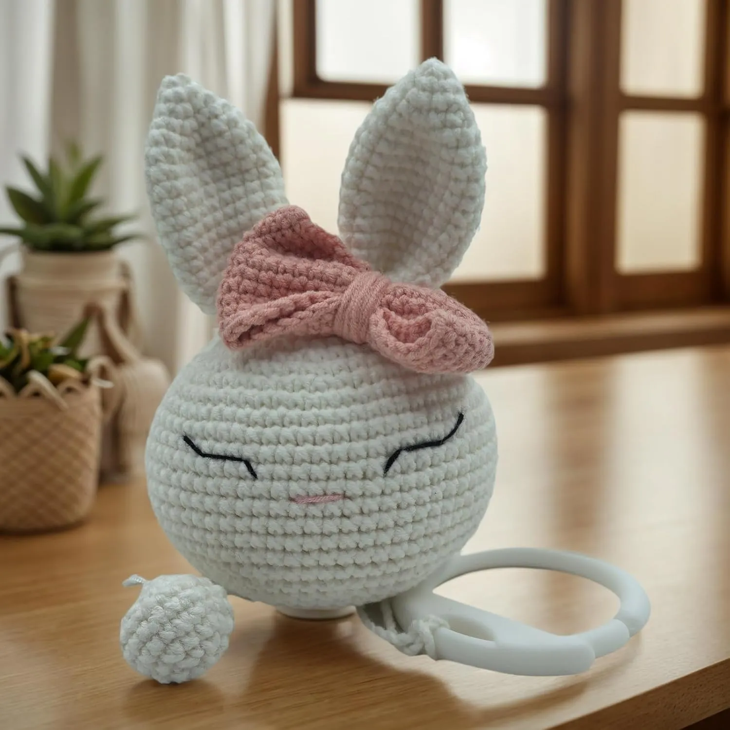 Crochet Rabbit Animal Head Toy,Baby Hanging Musical Toys, Musical Learning Toddler Toys, Attaches to Crib, Stroller and Car Seat, Soothe Baby Mood and Sleep Toys for Newborn Birthday Gifts