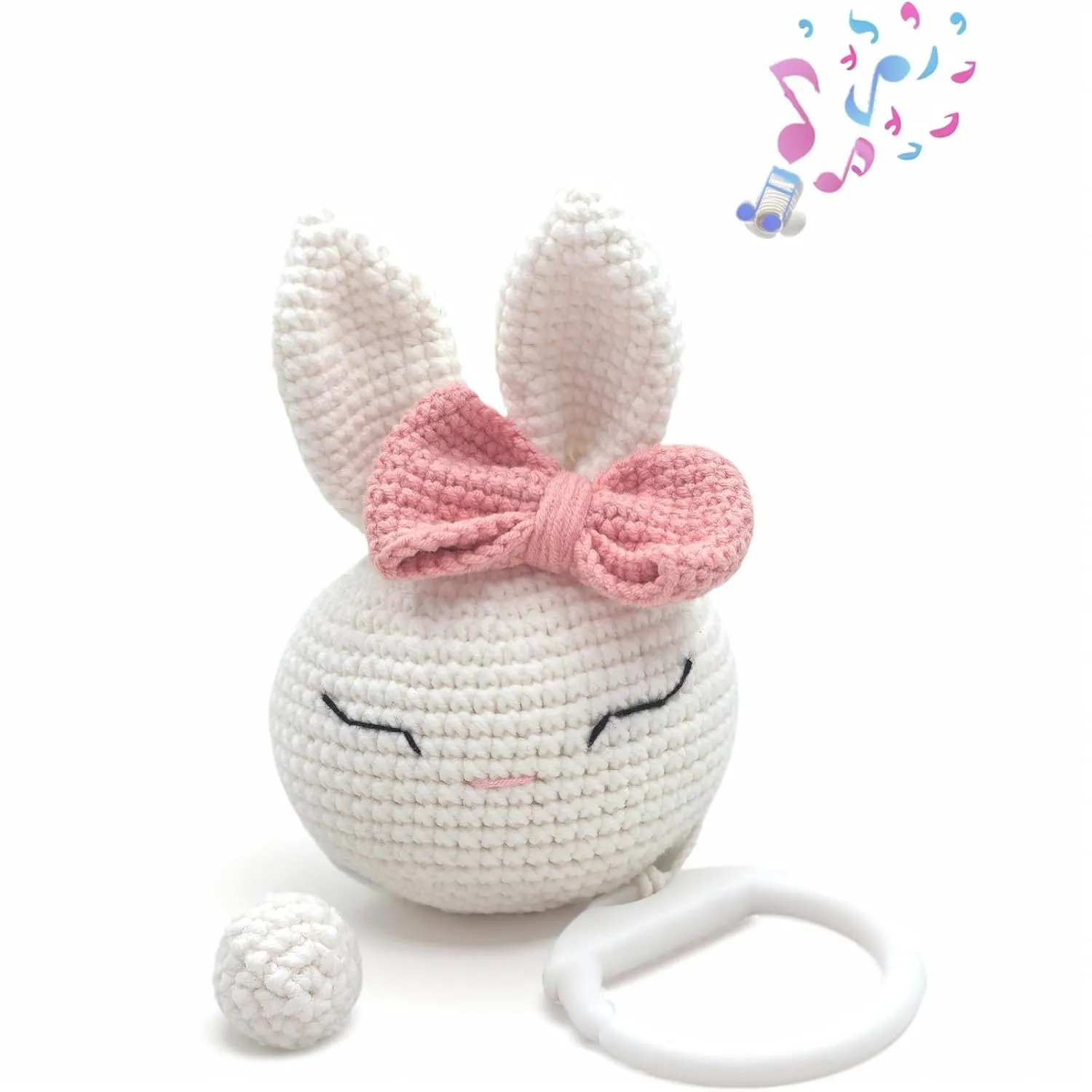 Crochet Rabbit Animal Head Toy,Baby Hanging Musical Toys, Musical Learning Toddler Toys, Attaches to Crib, Stroller and Car Seat, Soothe Baby Mood and Sleep Toys for Newborn Birthday Gifts
