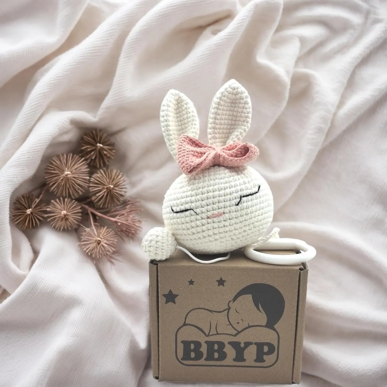 Crochet Rabbit Animal Head Toy,Baby Hanging Musical Toys, Musical Learning Toddler Toys, Attaches to Crib, Stroller and Car Seat, Soothe Baby Mood and Sleep Toys for Newborn Birthday Gifts