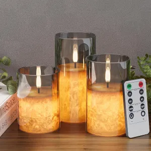 Crystal Texture Design Flickering Flameless Candles with Remote & Timer, Real Wax Battery Operated Candles with Flickering Flame, Realistic LED Candle, Grey Glass - 3Pack [3"×4"/5"/6"]