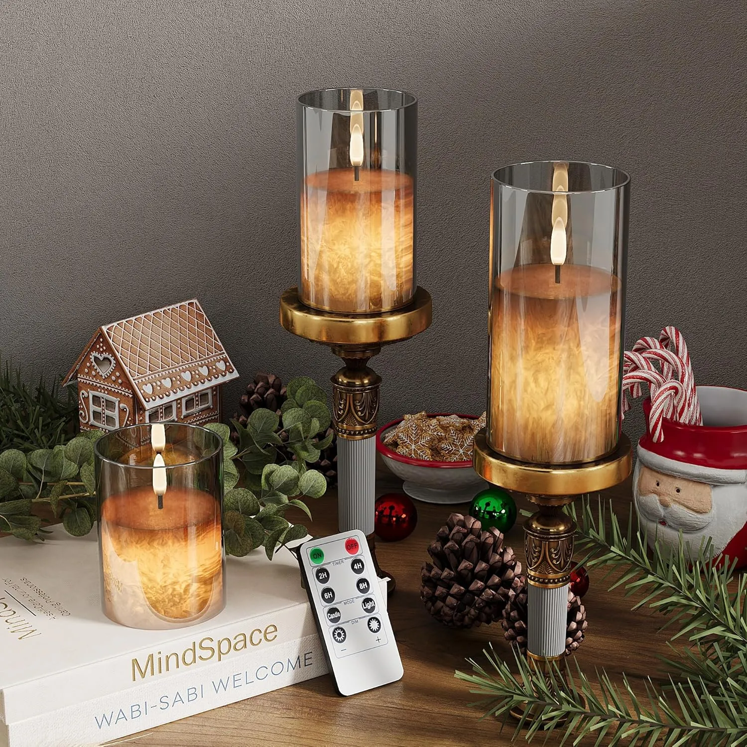 Crystal Texture Design Flickering Flameless Candles with Remote & Timer, Real Wax Battery Operated Candles with Flickering Flame, Realistic LED Candle, Grey Glass - 3Pack [3"×4"/5"/6"]