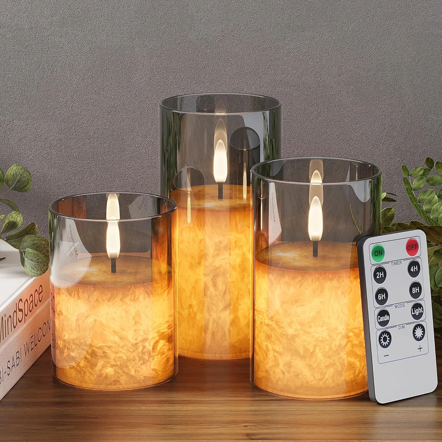 Crystal Texture Design Flickering Flameless Candles with Remote & Timer, Real Wax Battery Operated Candles with Flickering Flame, Realistic LED Candle, Grey Glass - 3Pack [3"×4"/5"/6"]