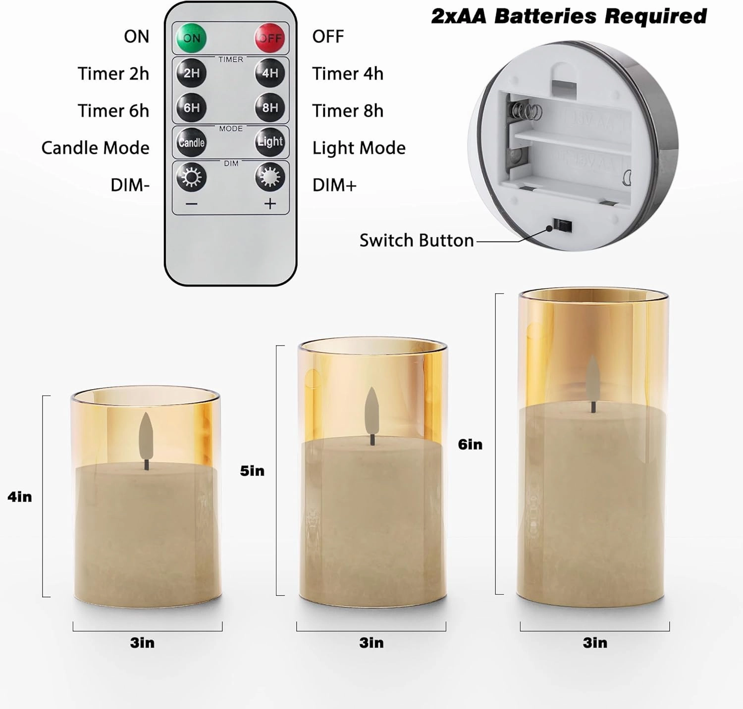 Crystal Texture Design Flickering Flameless Candles with Remote & Timer, Real Wax Battery Operated Candles with Flickering Flame, Realistic LED Candle, Gold Glass - 3Pack [3"×4"/5"/6"]