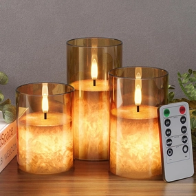 Crystal Texture Design Flickering Flameless Candles with Remote & Timer, Real Wax Battery Operated Candles with Flickering Flame, Realistic LED Candle, Gold Glass - 3Pack [3"×4"/5"/6"]