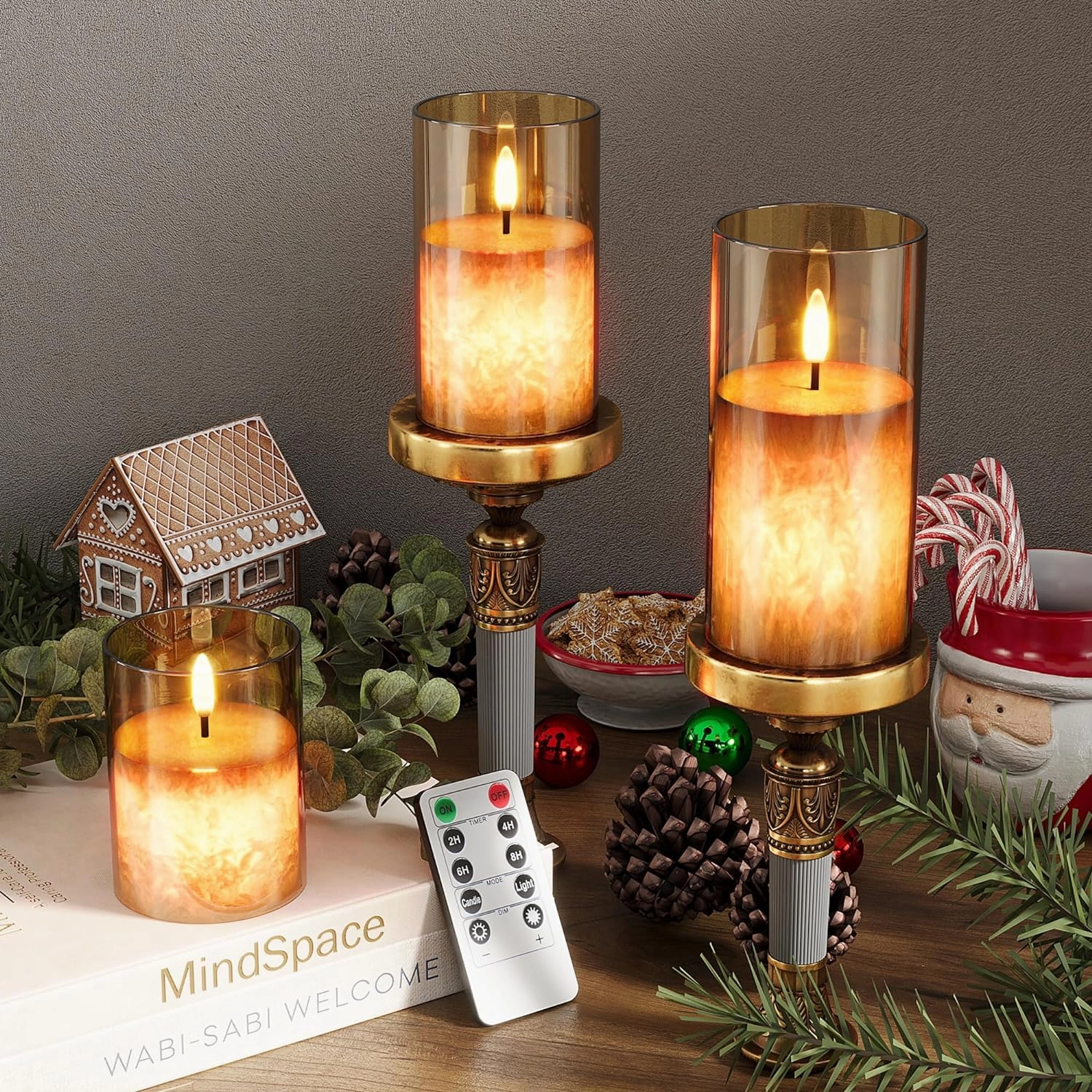 Crystal Texture Design Flickering Flameless Candles with Remote & Timer, Real Wax Battery Operated Candles with Flickering Flame, Realistic LED Candle, Gold Glass - 3Pack [3"×4"/5"/6"]