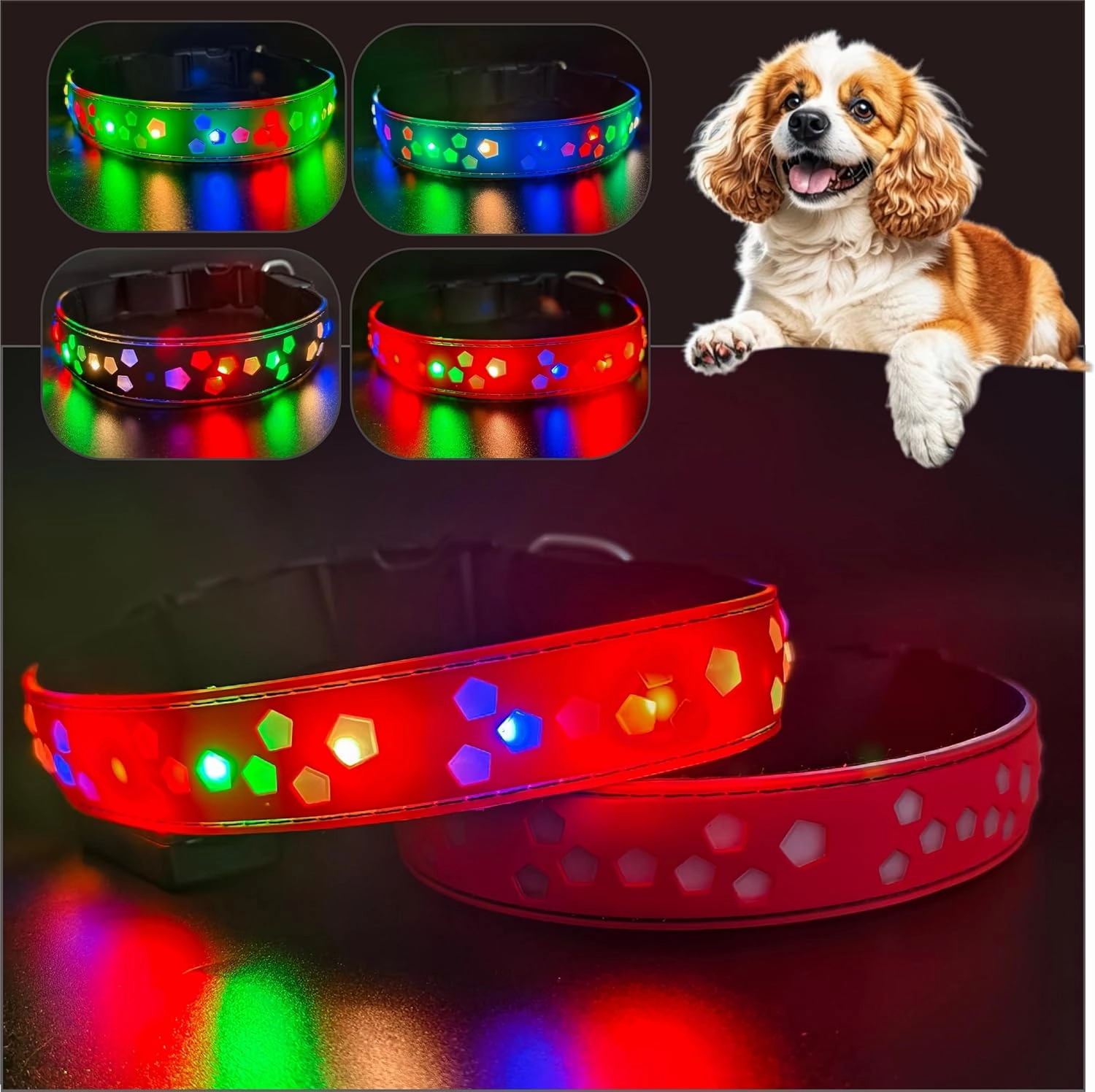 customerlized Personalized Dog Collar USB Rechargeable, Waterproof airtag Holder LED Light Up Dog Collar Adjustable Soft Silicone Collar for Medium Large Dogs (RED PRO, XL(19.7-23.6"))
