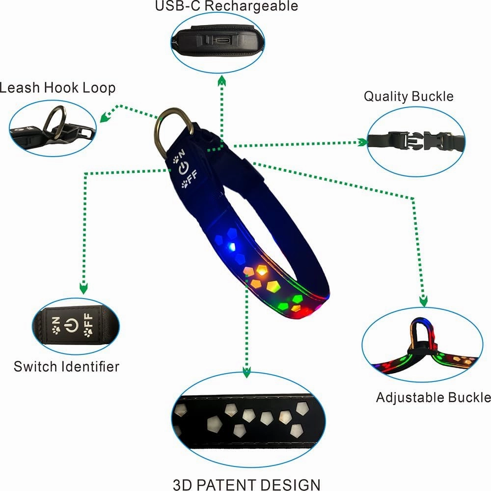 customerlized Personalized Dog Collar USB Rechargeable, Waterproof airtag Holder LED Light Up Dog Collar Adjustable Soft Silicone Collar for Medium Large Dogs (RED PRO, XL(19.7-23.6"))