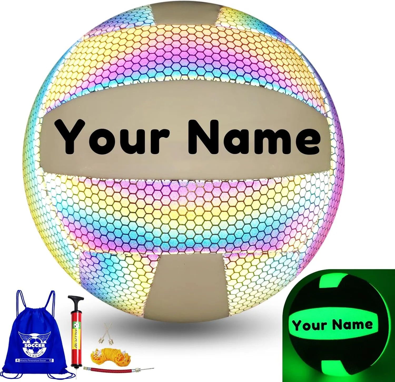 Customized Holographic Glowing Volleyball Size 5 - Personalized Glow in The Dark Gift With Name/Text for Men Women