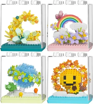Cute 4SET DIY Mini Flower Plant Building Blocks Toy - Creative Botanical Collection for Kids and Adults Home and Collection Art Home Office Decor