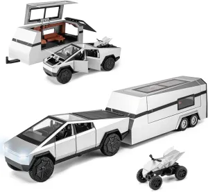 Cybertruck Toy for Kids, Pickup Truck with RV Motorcycle Cybertquad Metal Die-cast Model Car, 1/32 Toy Truck and Trailer with Sound/Light/Pull Back, Ideal Gift for Boys Aged 6 and Up (Silver)